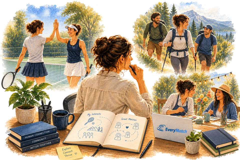 People connecting through sports, travel, collaboration, and shared interests around the EveryMatch concept.