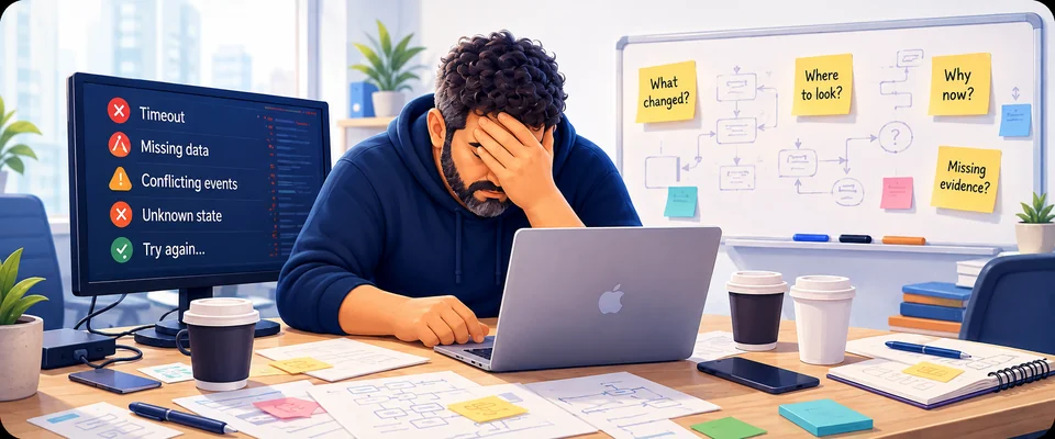 Illustrated exhausted investigator facepalming at a cluttered desk while debugging conflicting system evidence.