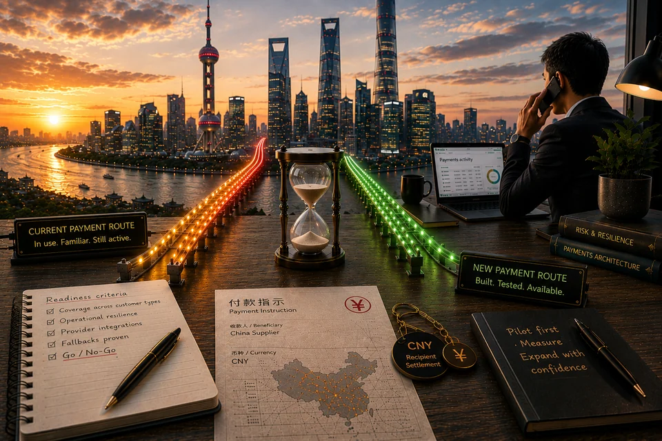 Conceptual editorial scene with an hourglass between two parallel payment routes: a current route shifting from amber toward red and a green replacement route, with ongoing business activity against a Shanghai skyline.