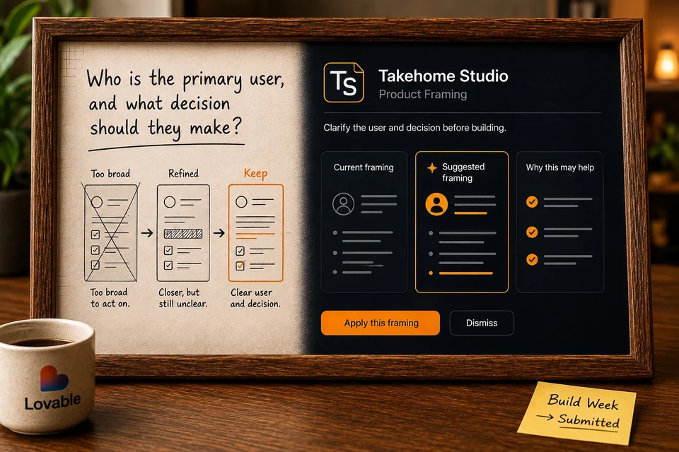 A framed Takehome Studio Product Framing workspace on a warm desk, with a paper progression from broad to refined framing beside the product interface, a Lovable mug, and a Build Week submitted note.