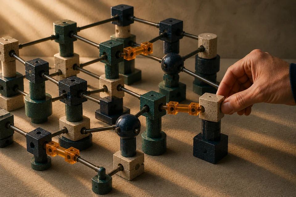 A hand inserts an amber connector into an interconnected network of teal, navy and stone nodes, strengthening an existing system without becoming its center.