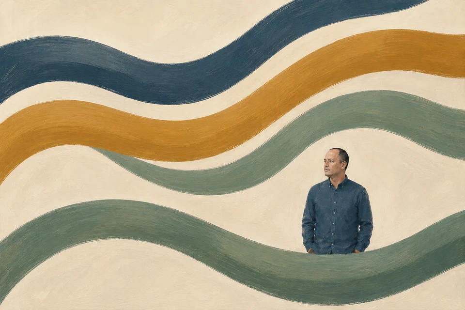 A product leader stands among broad parallel painted bands, suggesting several organizational streams moving independently while remaining visible to him.