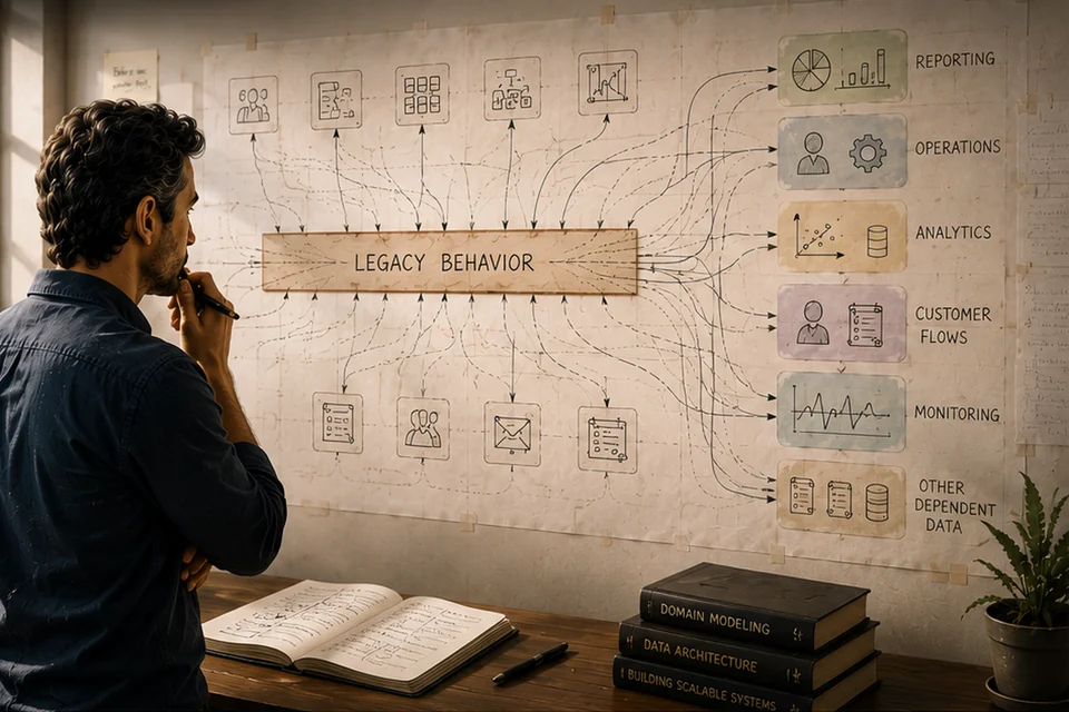 A product leader studies a wall-sized dependency map centered on a legacy behavior, with many lines connecting it to surrounding system areas.