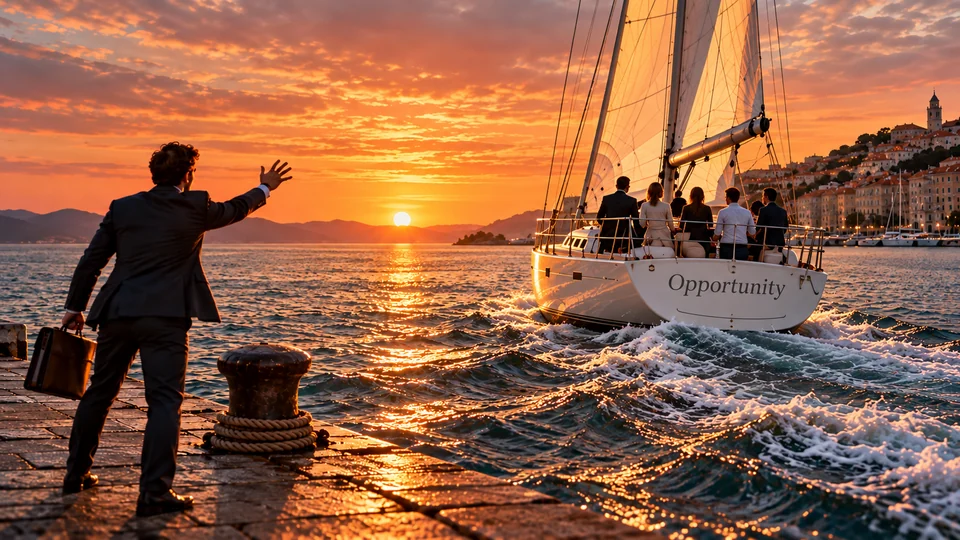 A suited broker on a pier reaches toward a sailboat named Opportunity as it departs with a small group already aboard.