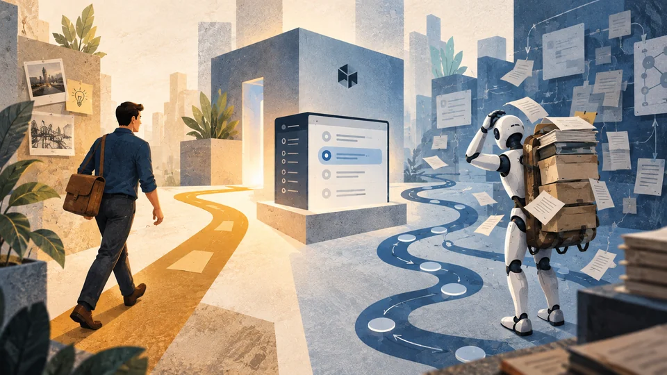 Editorial illustration of a human and a humanoid AI approaching the same central product through different paths, with the AI carrying more context and a more circuitous route.