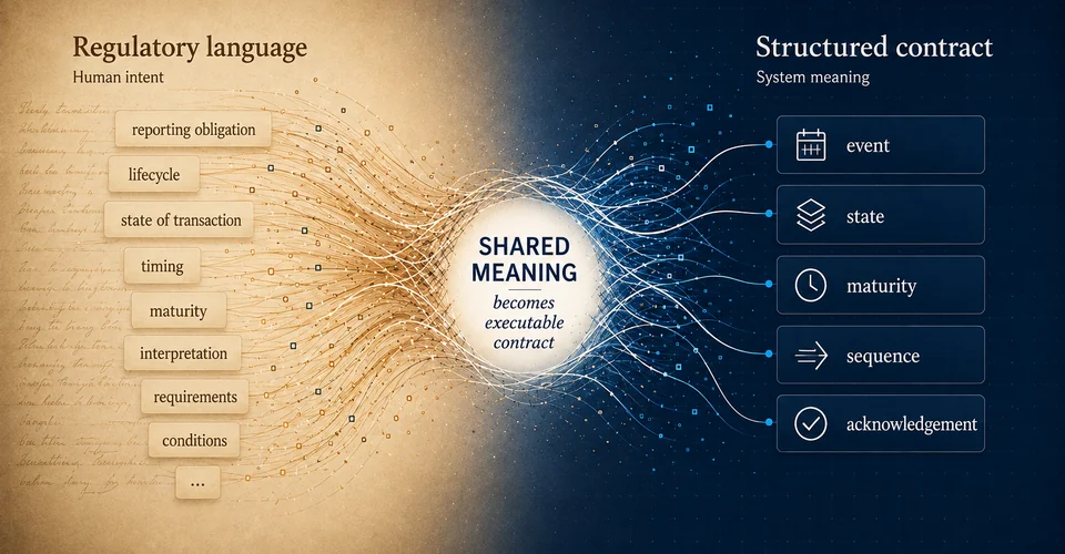 Editorial conceptual illustration showing regulatory language converging into shared meaning and emerging as a structured contract expressed through event, state, maturity, sequence, and acknowledgement.