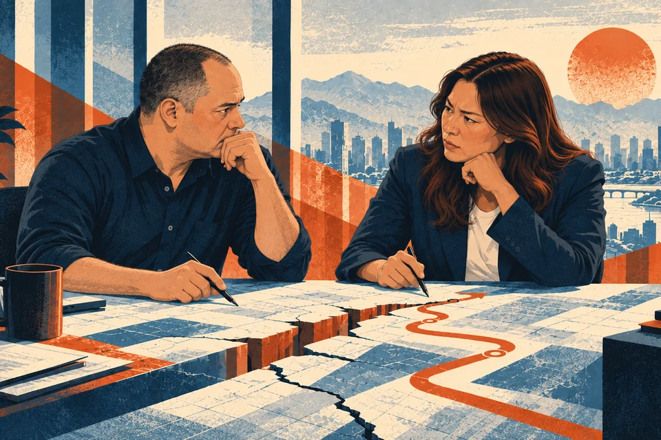 Two senior colleagues face one another across a fractured work surface while a route continues through the divide.