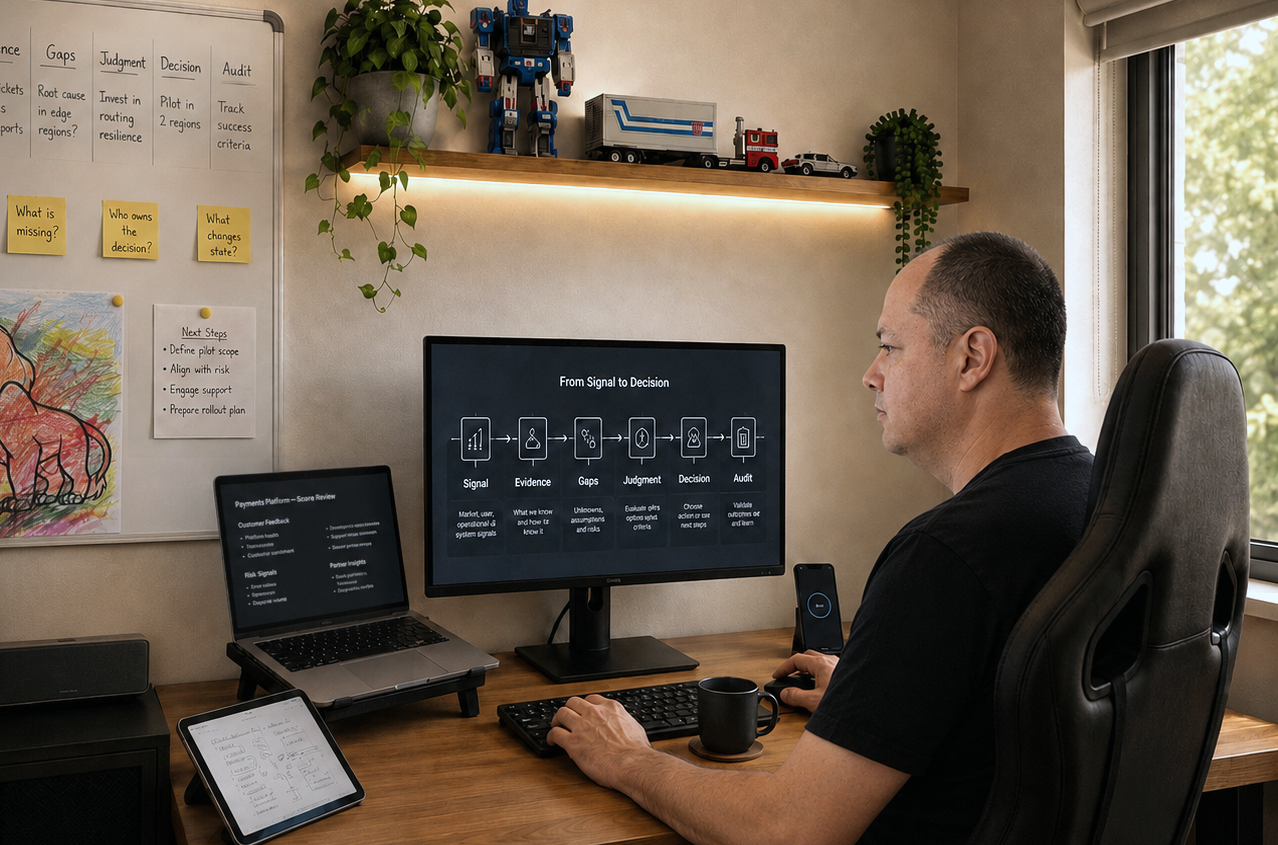 Amir Hanan reviewing product evidence and a decision flow at his workspace